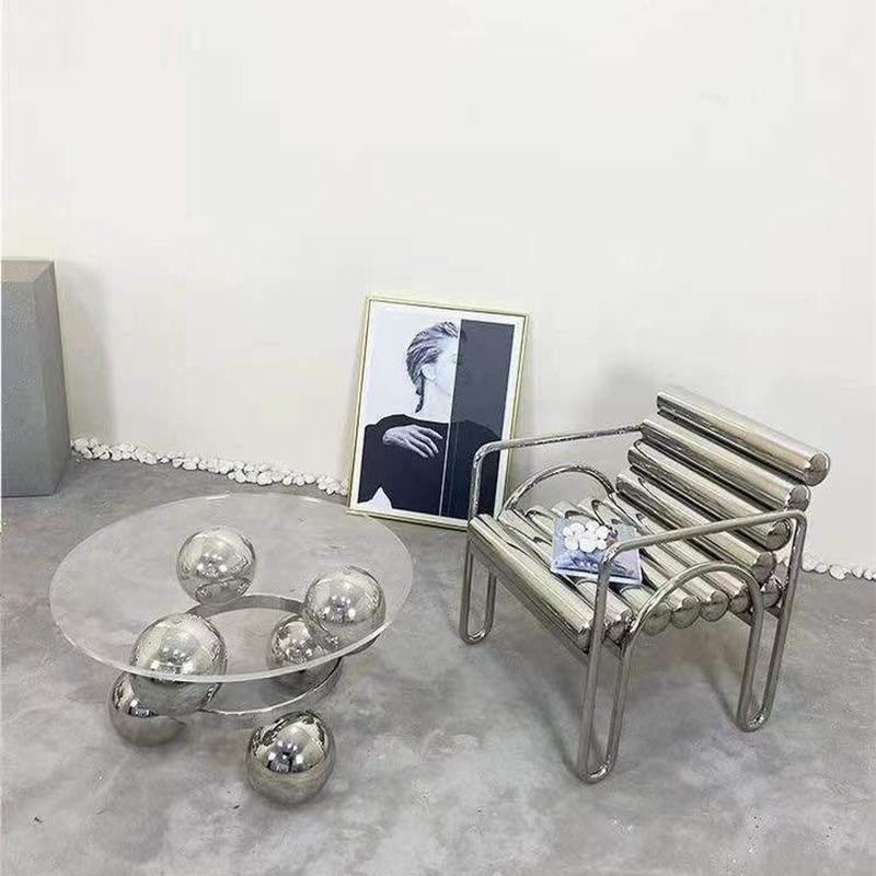 2026不锈钢凳子椅子简约玻璃茶几亚克力桌子金属设计边几组装多球
