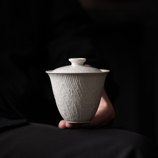 复古草木灰釉二才盖碗创意日式文人泡茶器家用陶瓷防烫功夫泡茶碗