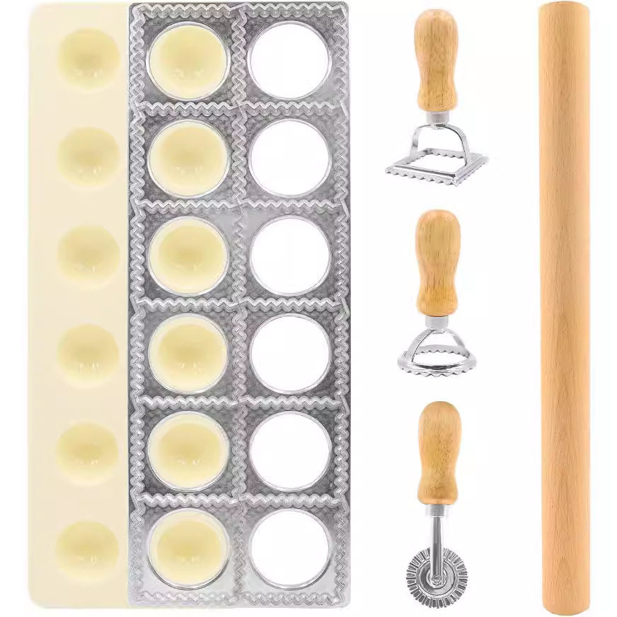 亚马逊热销5件意大利面制作工具擀面杖花边印12孔饺子馄饨模具