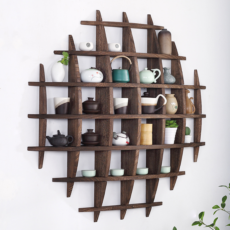 博古架挂墙实木壁挂式茶杯架中式仿古多宝阁置物架茶具摆架展示架