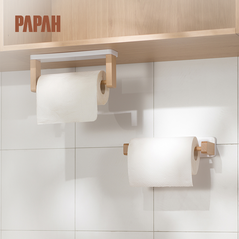 厨房纸巾架置物架日式实木卷纸架挂架保鲜膜袋收纳抹布架子免打孔