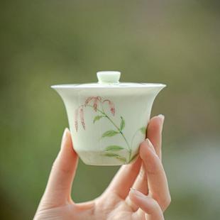 胎薄陶瓷茶杯 三才盖碗釉下彩手绘风信小清新带盖泡茶碗日式