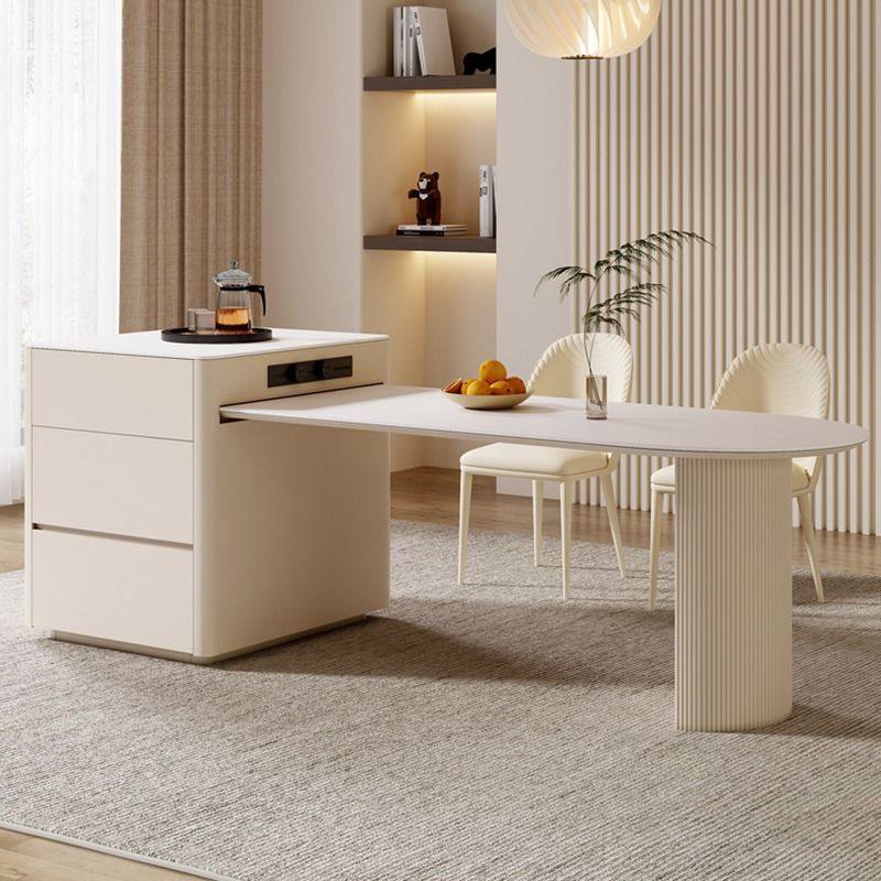 奶油风岛台餐桌一体家用可伸缩法式半圆弧形岩板岛台餐厅桌子