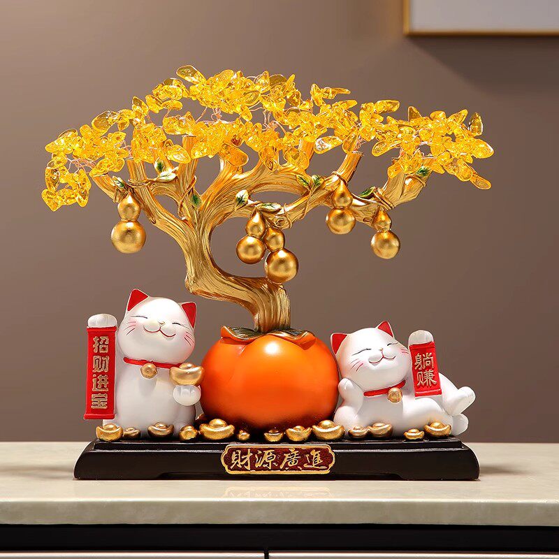 新中式招财猫水晶发财树摆件客厅玄关酒柜装饰工艺品乔迁开业礼物