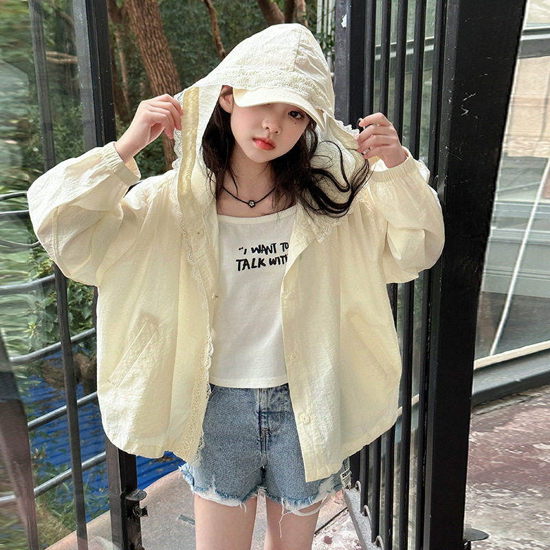 女童防晒衣2026新款儿童洋气外套大童夏装薄款上衣女孩花边连帽衫