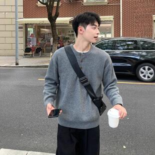 灰色亨利领加厚毛衣内搭男生秋冬季2025新款宽松高级感针织衫上衣