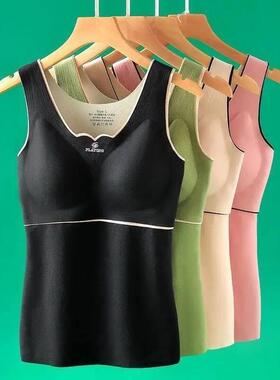 德绒大码保暖背心女加绒加厚发热打底内衣带胸垫文胸一体式秋冬款