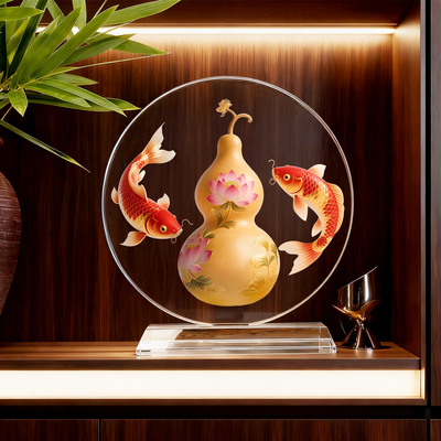 葫芦锦鲤内雕水晶摆件乔迁开业送礼招财聚财年年有余寓意福禄摆台
