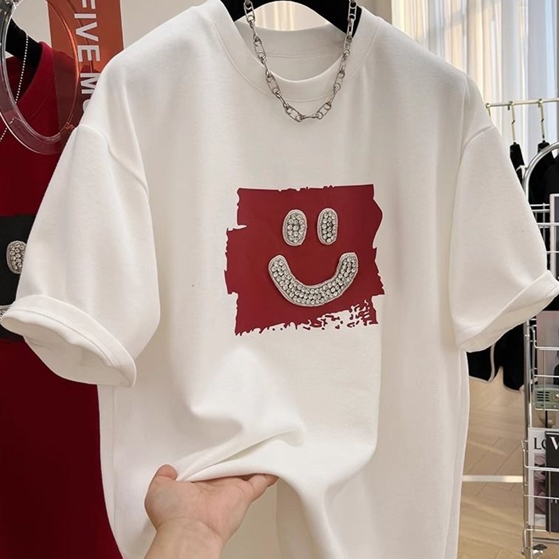 特大码300斤重工磨毛笑脸短袖t恤男女2024新款高级感宽松半袖上衣
