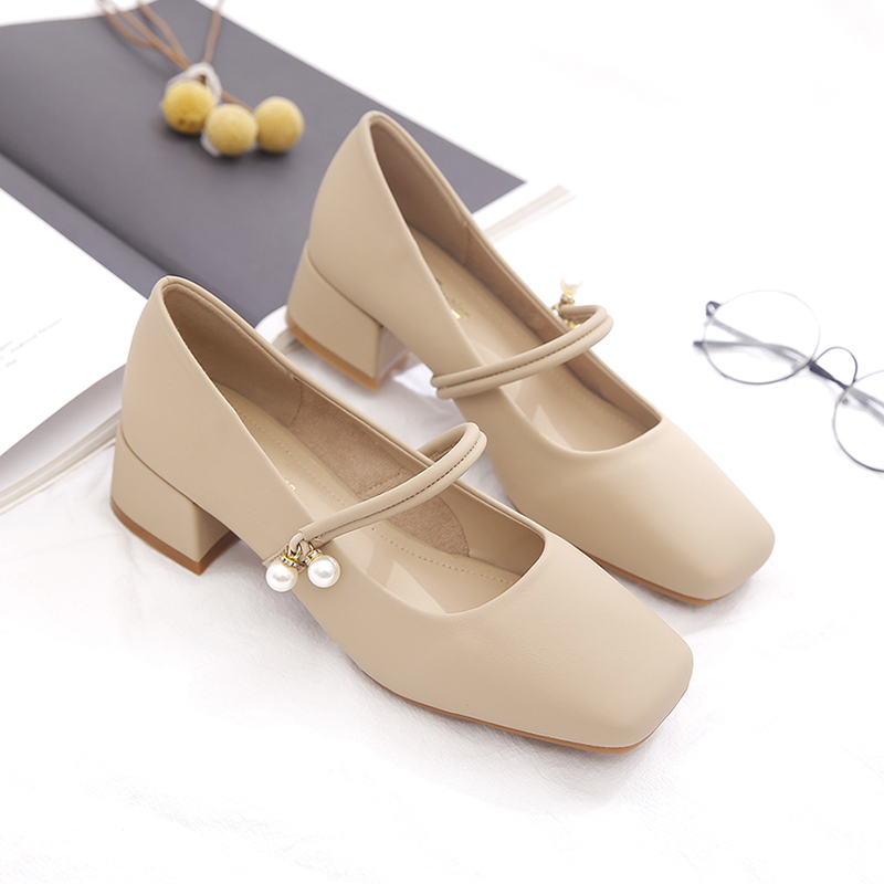 玛丽珍女鞋子2023春秋季新款粗跟高跟鞋百搭软底软皮珍珠法式单鞋