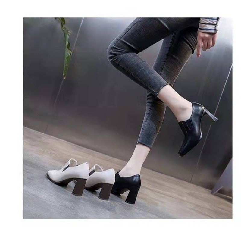 高跟鞋女方头小皮鞋中跟2023春季新款黑色百搭英伦风职业深口单鞋