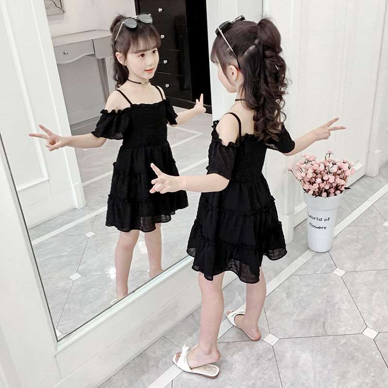 网红女童装 时髦女童连衣裙2022新款夏装儿童裙子夏季露肩雪纺裙