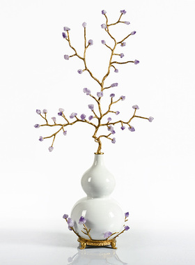 欧式客厅奢华玄关家居高端树枝紫色水晶艺术摆件美式铜配陶瓷装饰