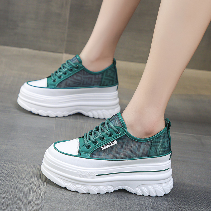 2023新品内增高女鞋夏款8cm小个子网纱透气小白鞋超火厚底松糕鞋