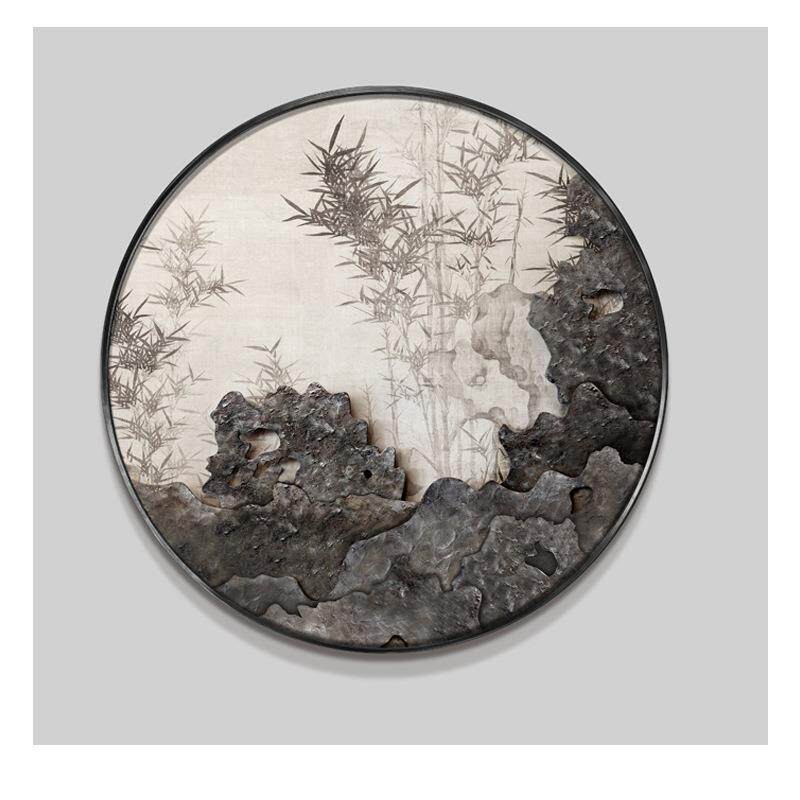 新中式圆形入户玄关画太湖石喷绘装饰画茶室走廊过道抽象挂画对门