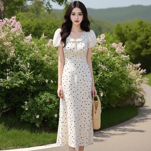 COSFACTY崧时法式复古波点连衣裙女夏季新款收腰显瘦气质长裙子