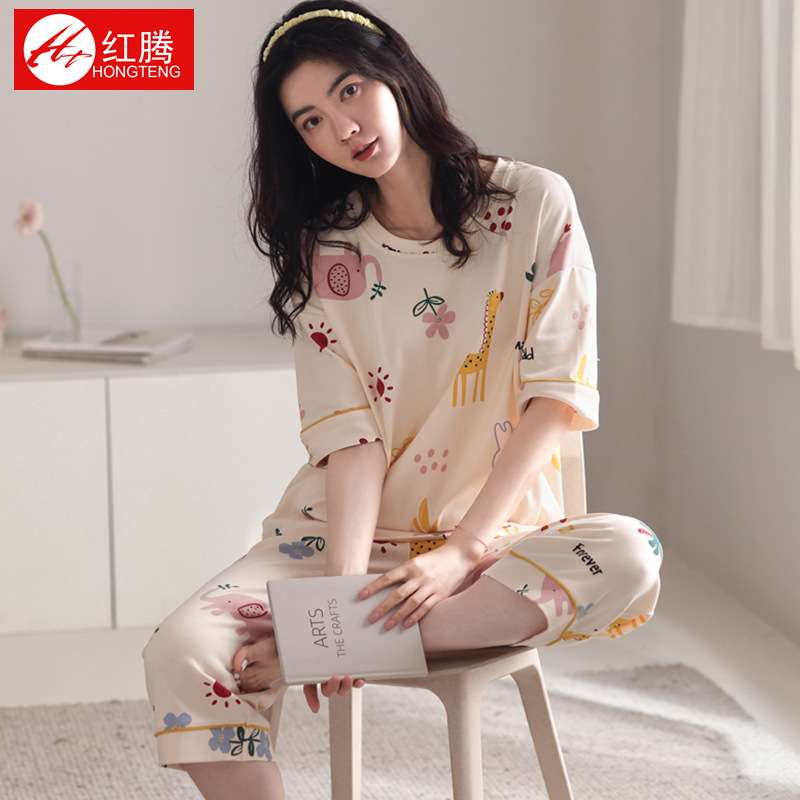 2024夏季纯棉睡衣女夏季甜美少女透气休闲短袖七分裤家居服套装