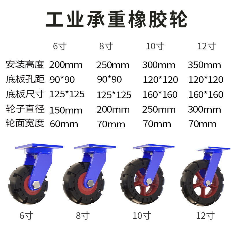 6寸超重型万向轮子铁芯脚轮12橡胶轮8寸工业载重1吨手推车轱辘10