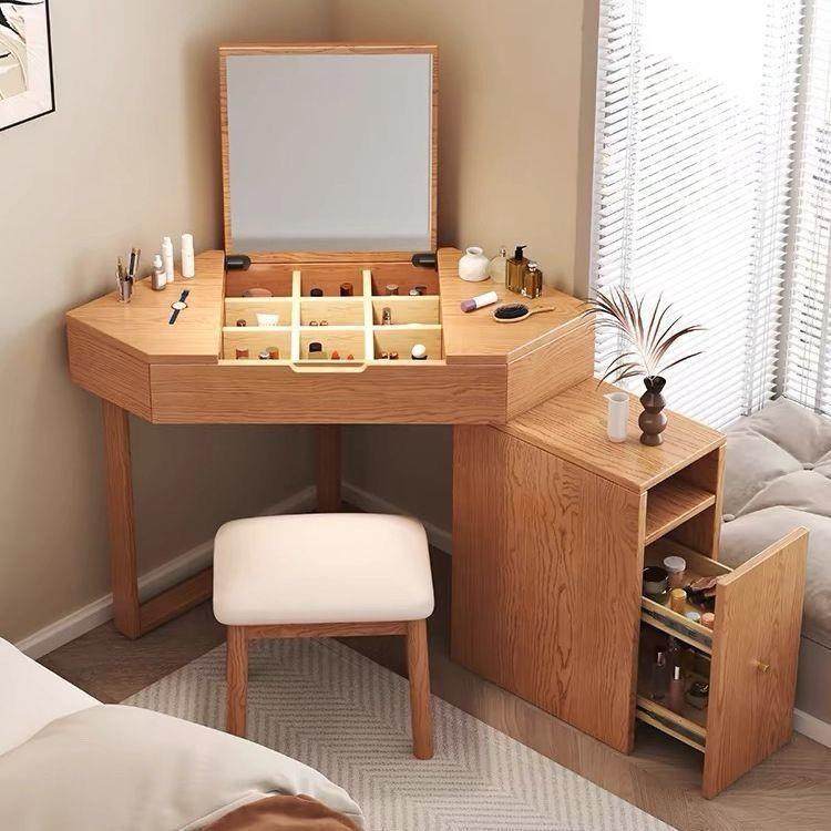 白蜡木实木梳妆台卧室轻奢高档转角梳妆桌凳多功能化妆桌带镜新款