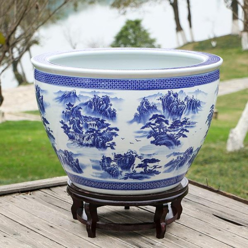 速发包邮大荷花缸碗莲缸乌龟缸青花大缸陶瓷鱼A特瓷号水【缸7】