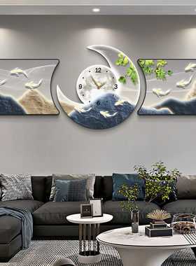 速发客厅装饰画意约大气鱼发背景墙挂画九沙图寓简好新款钟表墙画