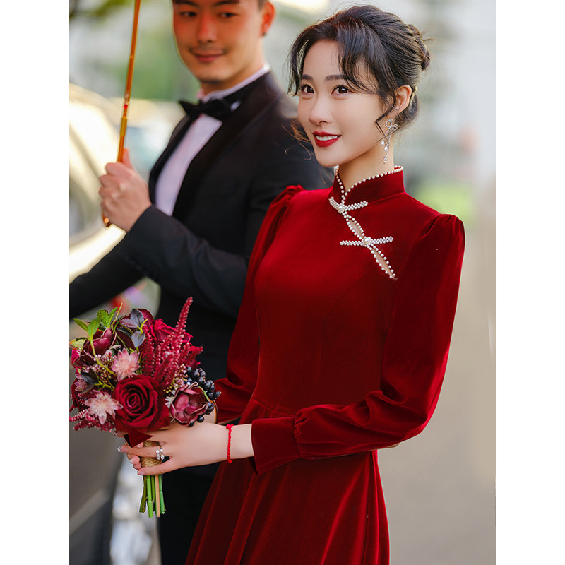 速发新娘式改良旗袍敬酒服婚中长袖丝绒订新礼服秋冬季红色回门连