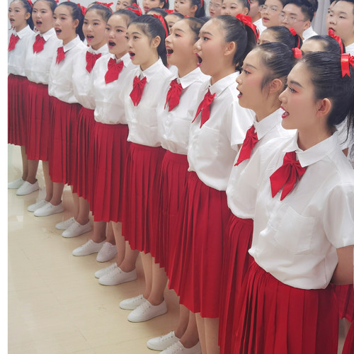 速发中学生合唱团演出服中初生秋运动朗班服红长裙会诵表演服