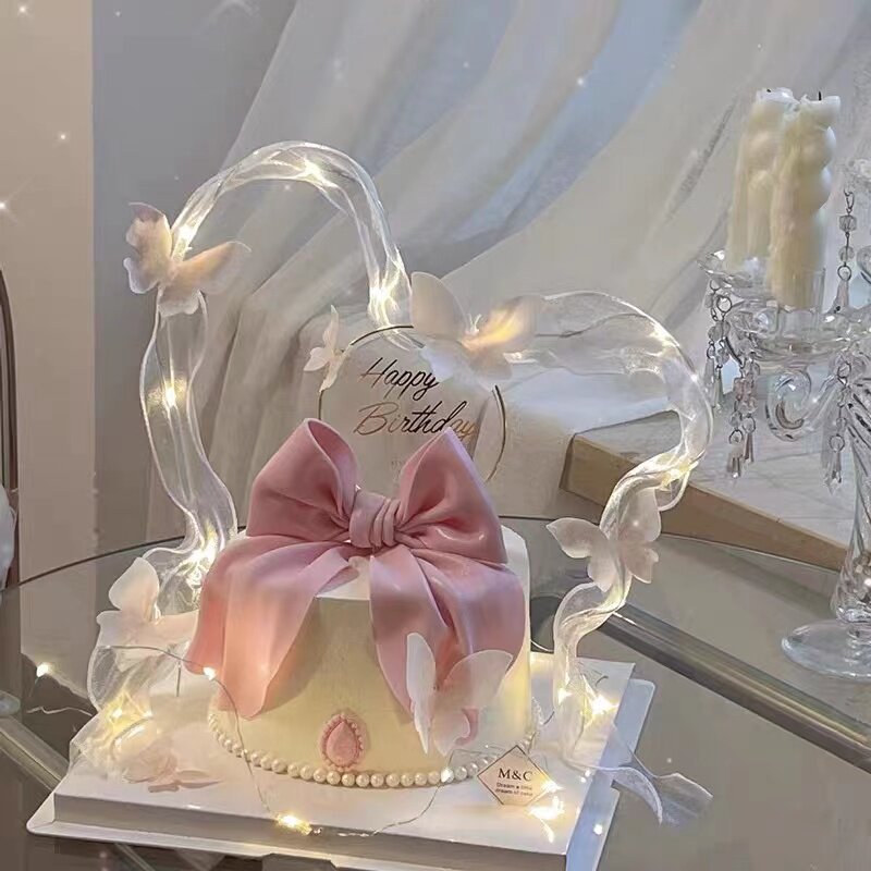 速发神生日蛋糕装饰发光飘带摆件糕色粉米纸蝴蝶结仙蛋糯插件