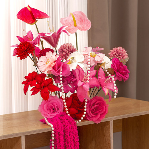 速发婚房布瑰假花花摆设客花婚礼花卉藤条厅束装饰摆件玫置花结婚