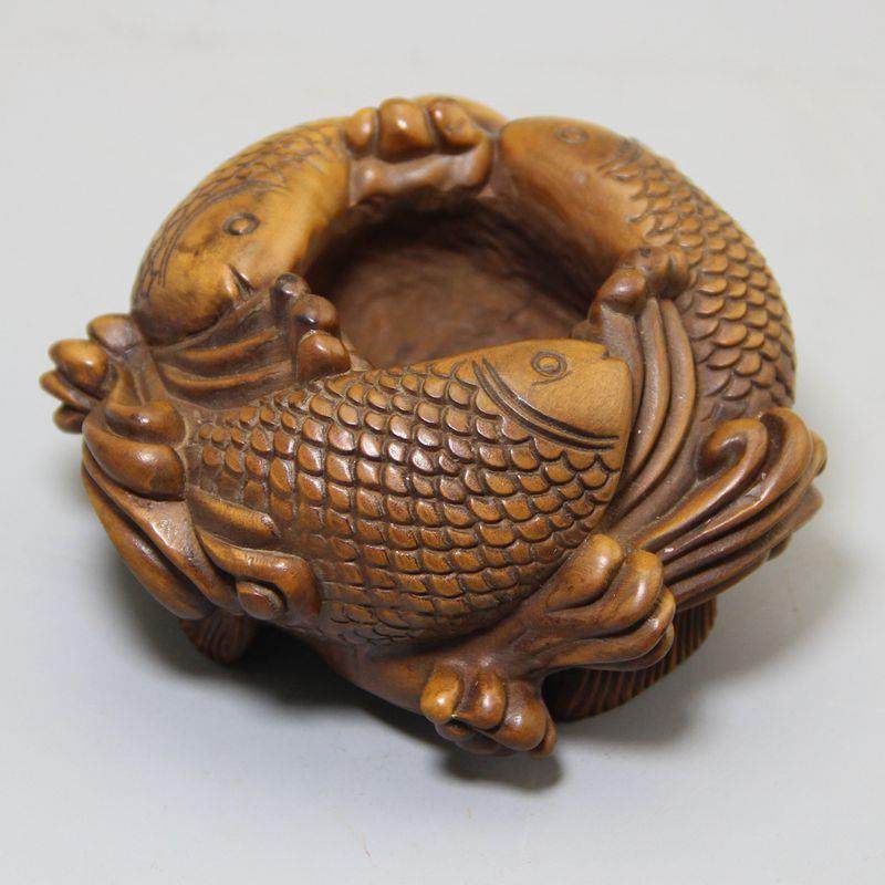 古玩杂项收藏木质工艺品黄杨木寓意摆饰笔洗烟灰缸摆件