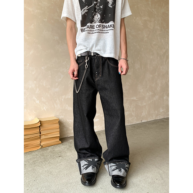 thumbnail for CompactDisc studded flanged printed raw cow stripped baggy straight-leg loose commuter daily jeans for men