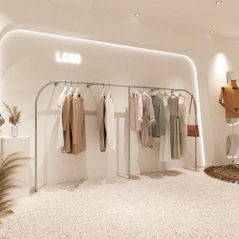 服装店展示架女装店不锈钢银色货架上墙挂衣架陈列架落地式服装架