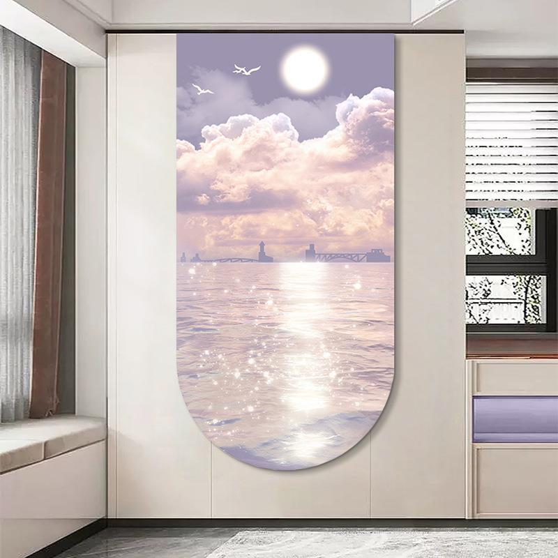 奶油风玄关装饰画2024新款走廊过道挂画入户客厅日出海景壁灯