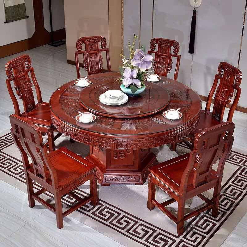 hpy1全实木餐桌椅组合中式仿古雕花大圆桌乡下家用饭桌带转盘餐桌