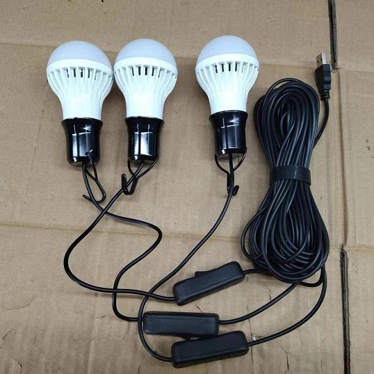 USB灯泡一拖三LED灯泡5M线长带挂钩开关5V输入户外电源专用照明图片