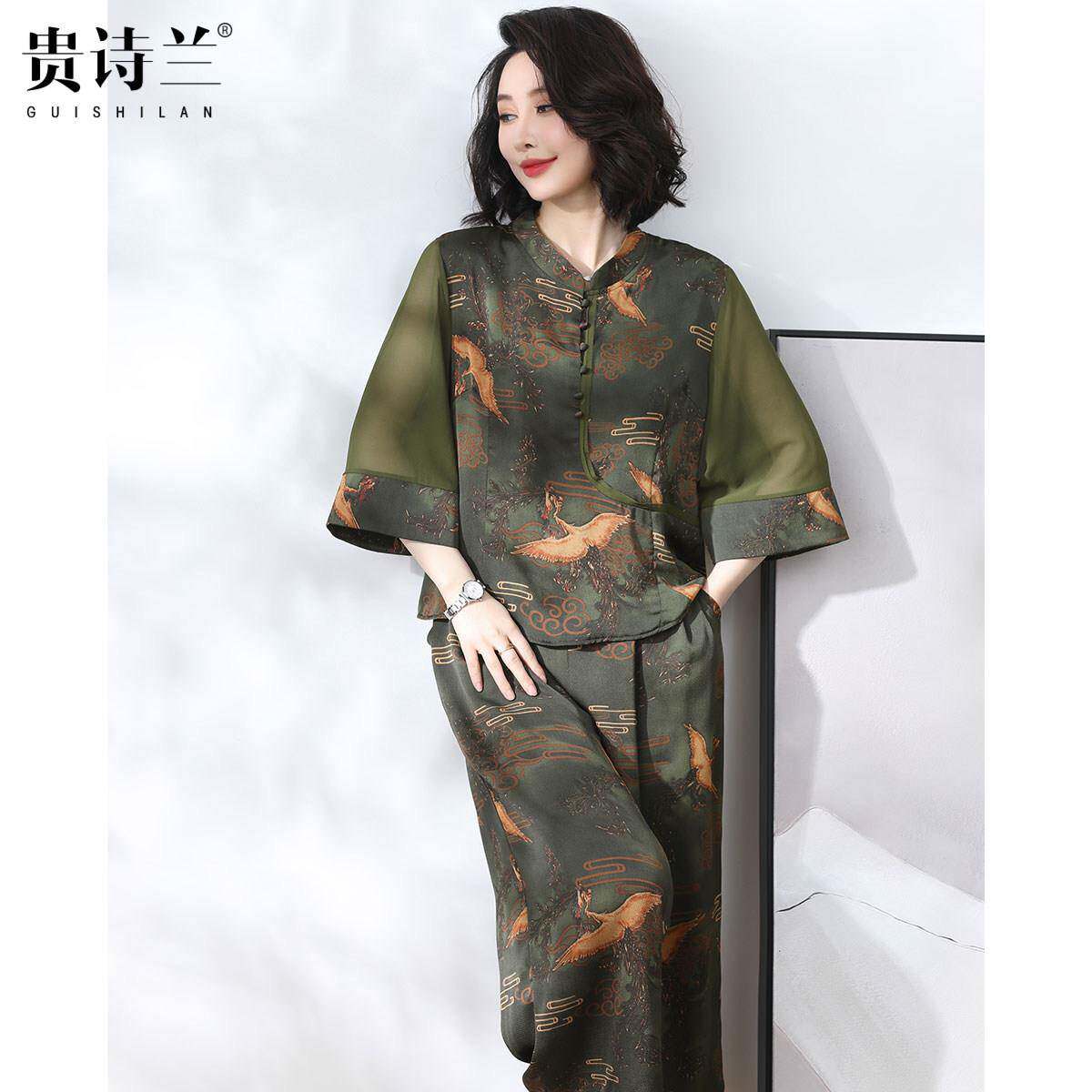 中老年女装新中式国风衣服洋派大尺码唐装两件套春短袖妈妈装夏套