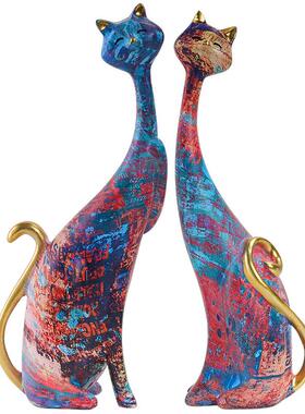 欧式家居仿木纹对猫油画情侣猫咪动物摆件情人节礼物树脂工艺品