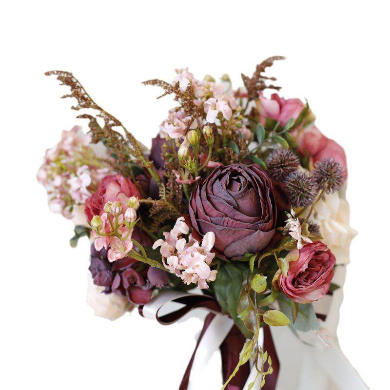 秋橘色秋红色复古烧边玫瑰新娘结婚手捧花婚纱写真拍摄道具花束