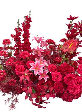 瑰束新款百合红婚套装红色婚庆地排仿玫ETG真花婚礼布置订花迎宾