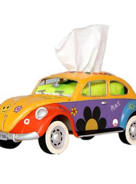 复古创意铁艺甲壳虫巴士纸巾盒美式抽纸盒模型道具汽车摆件工艺品