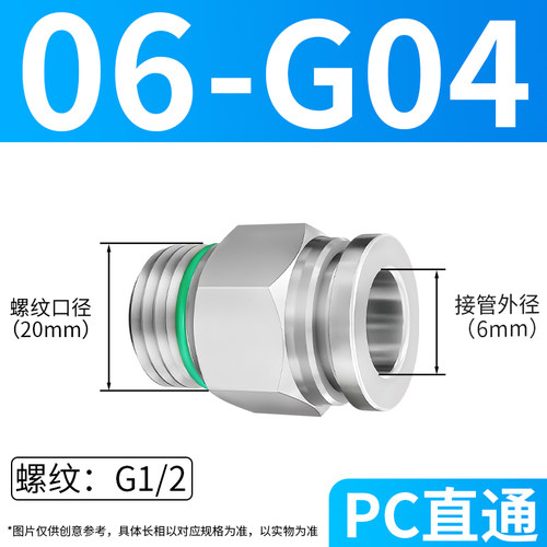 不锈钢G螺纹304气管接头PC8-G02/10-G03带密封圈直角PL6-G01快插