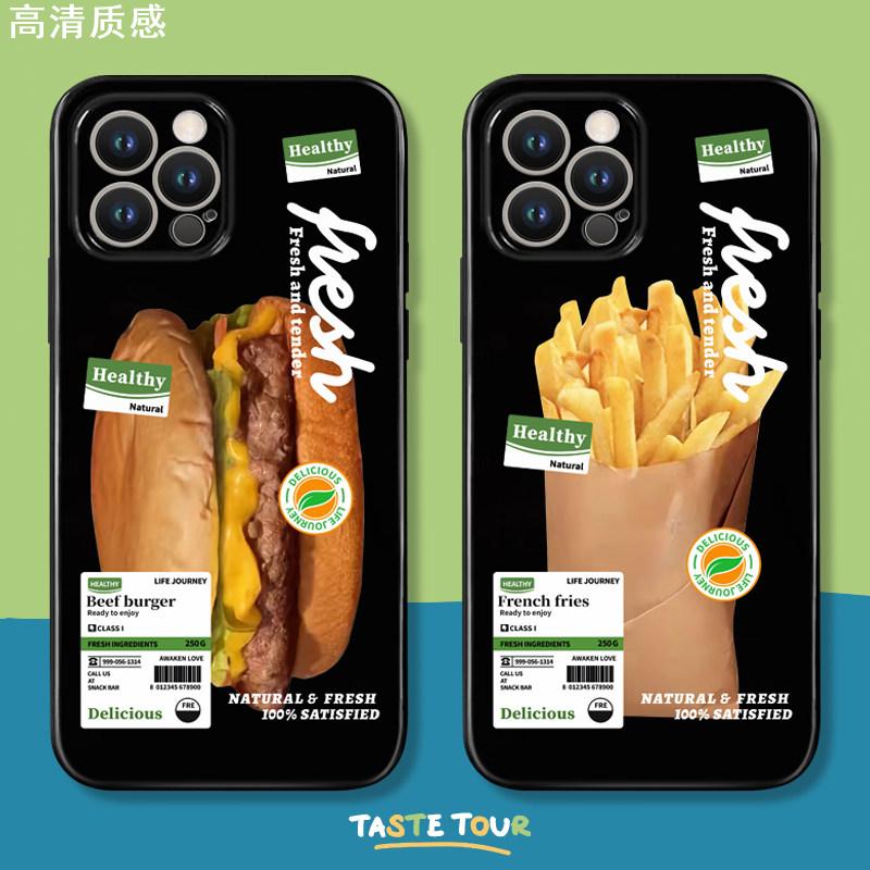 适用于ins原创汉堡薯条iPhone13/14/15苹果12promax保护套vivoiqoo11s光面黑色oppo华为mate60p70手机壳一加