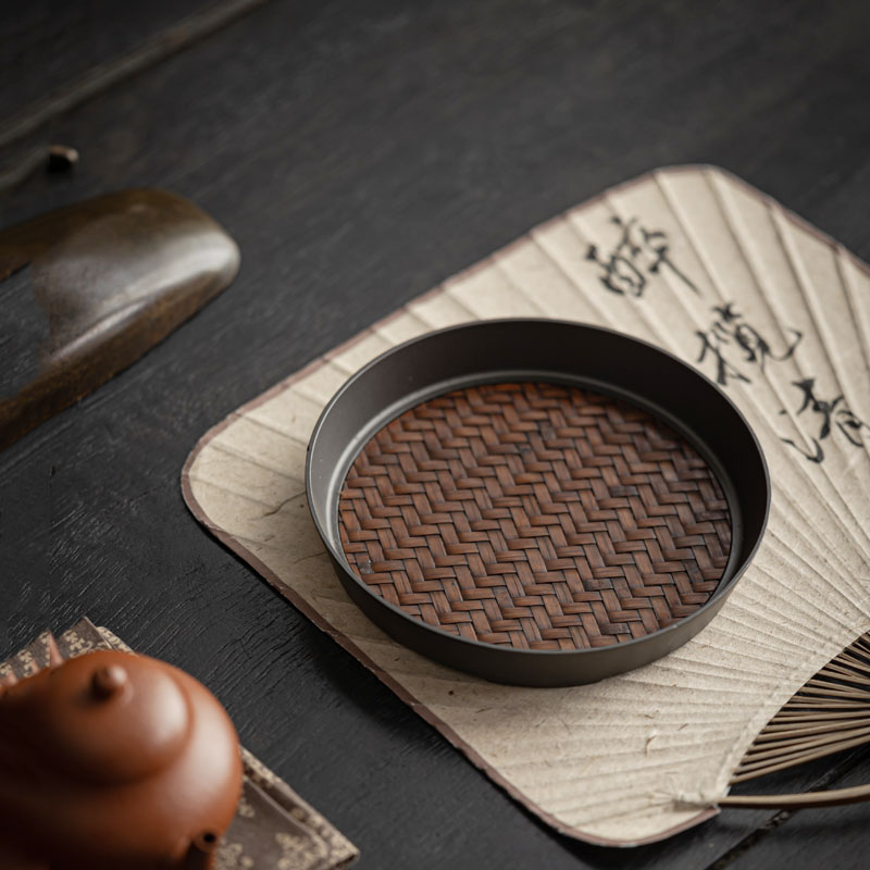 日式纯手工竹编锡合金壶承干泡茶台小托盘储水茶盘养壶垫茶具配件