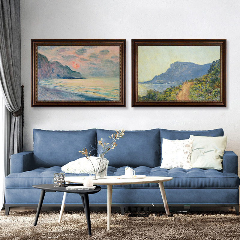 莫奈印象派海边风景装饰画美式复古客厅挂画欧式玄关卧室古典油画