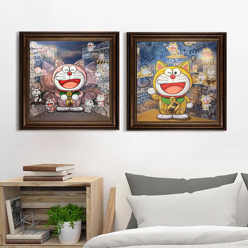 哆啦A梦卡通复古装饰画儿童房墙面挂画治愈房间客厅沙发背景墙画