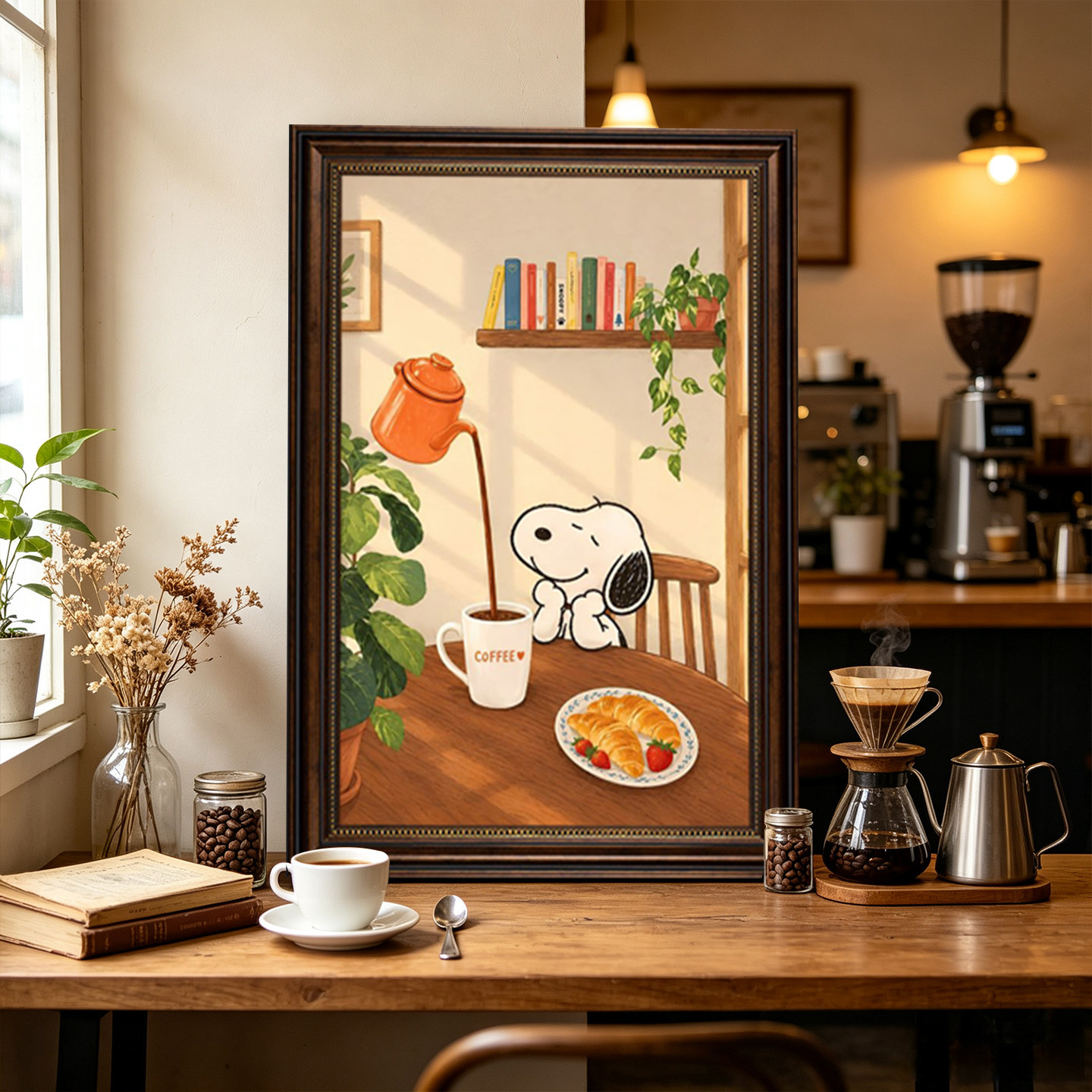 ins风复古风史努比咖啡插画装饰画可爱卡通挂画咖啡角餐厅墙壁画