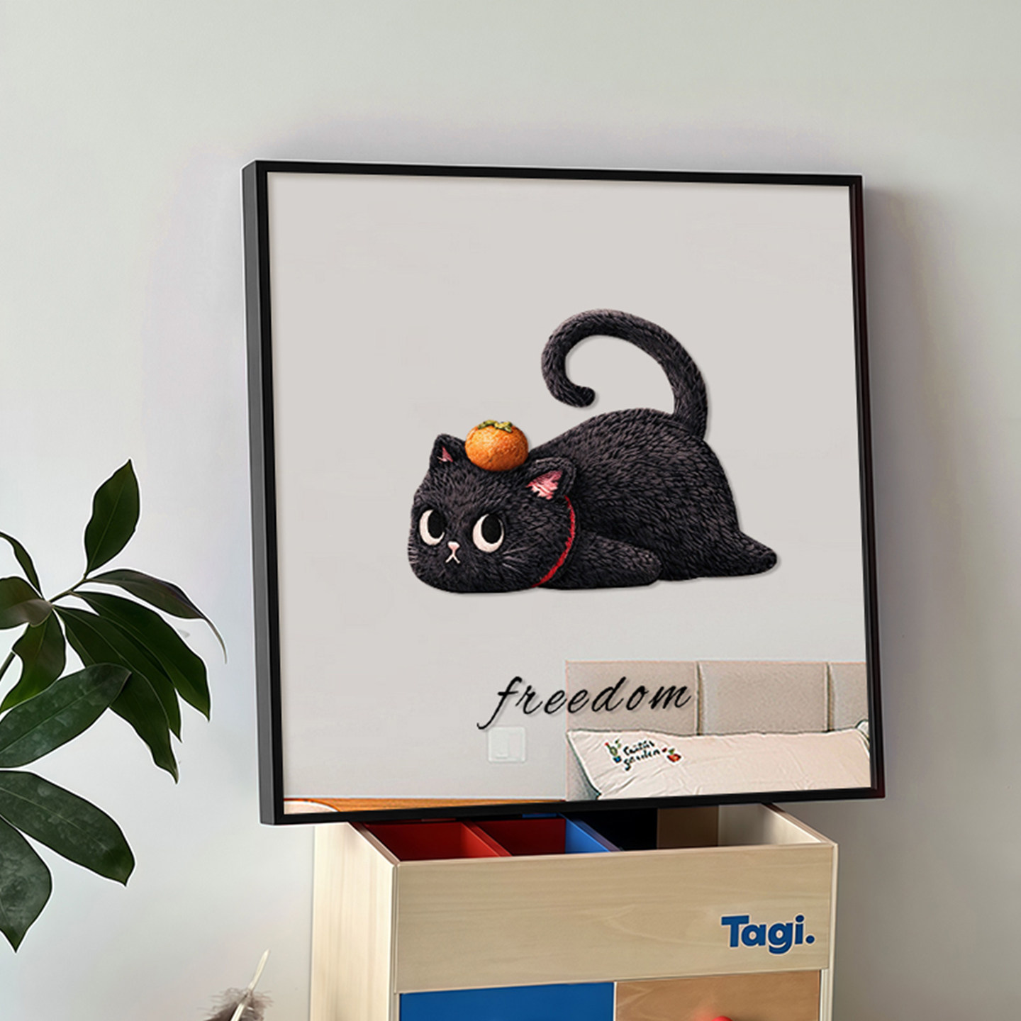 头顶橘子小黑猫挂画可爱治愈卧室儿童房客厅简约墙面装饰画