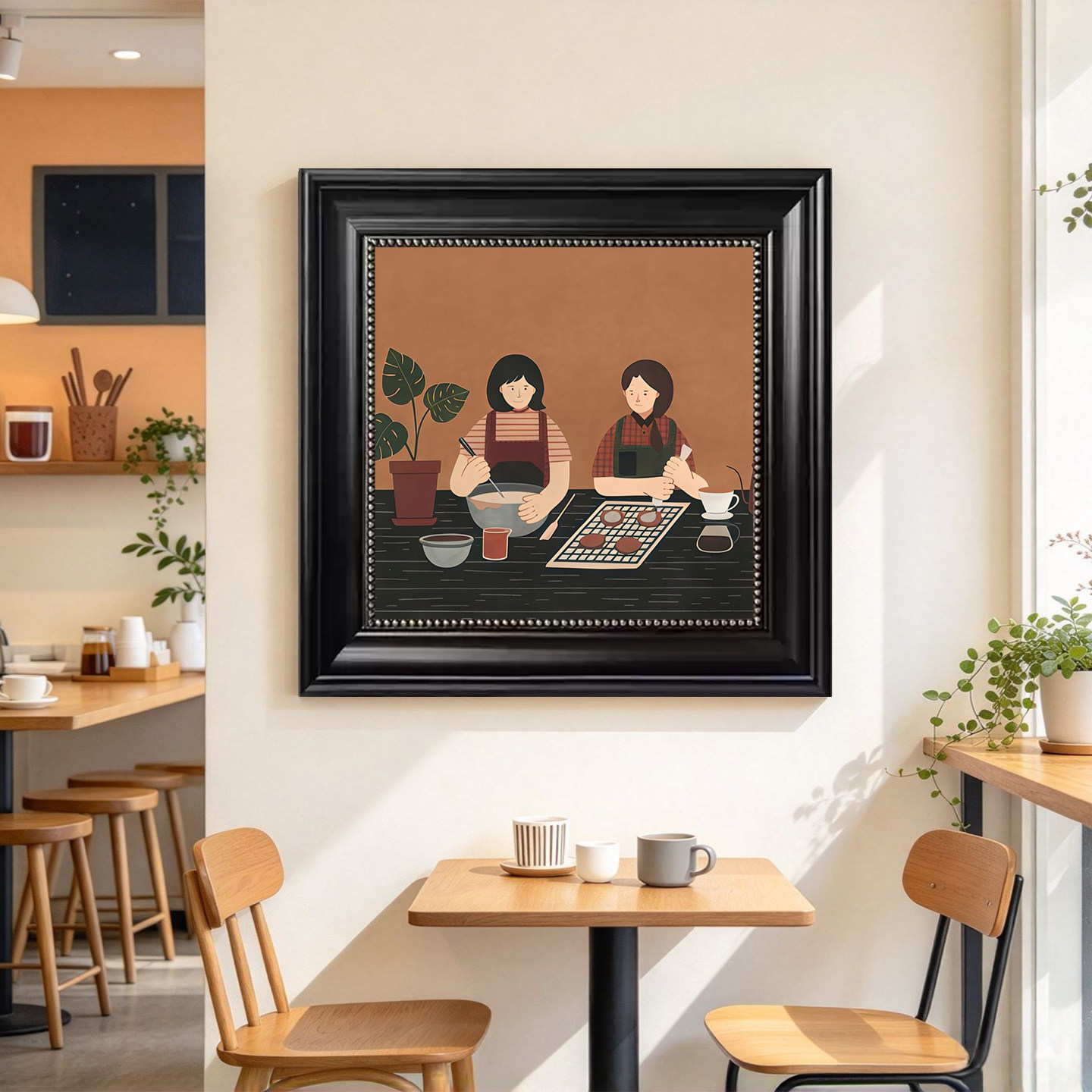 温馨居家烟火人物挂画创意插画黑色雕花边框咖啡店背景墙装饰画