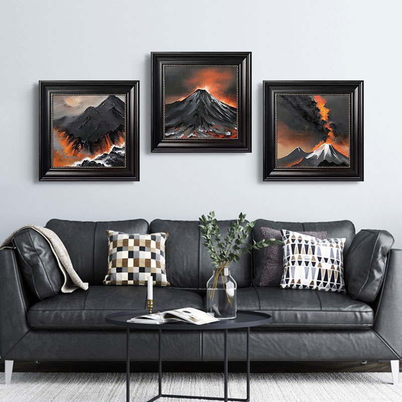 美式暗黑火山风景组合挂画火山喷发熔岩山峰复古黑框方形装饰画