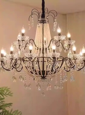 法式别墅复式楼梯吊灯轻奢复古黑色水晶蜡烛灯中古大厅挑空客厅灯